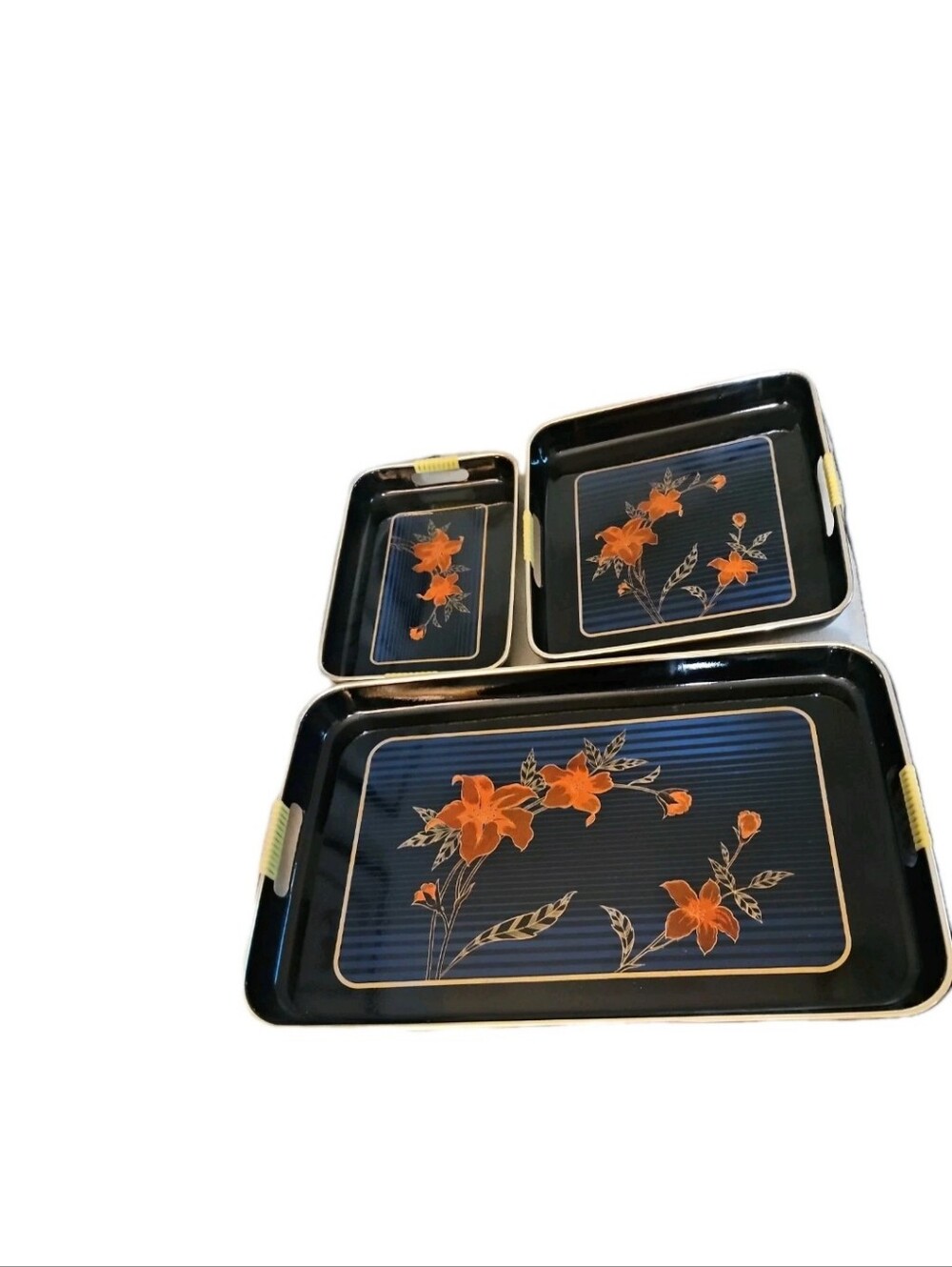 Vintage Tiger Lily Enamel Lacquer Three Tray Serving Pieces Made In Japan19x11.5